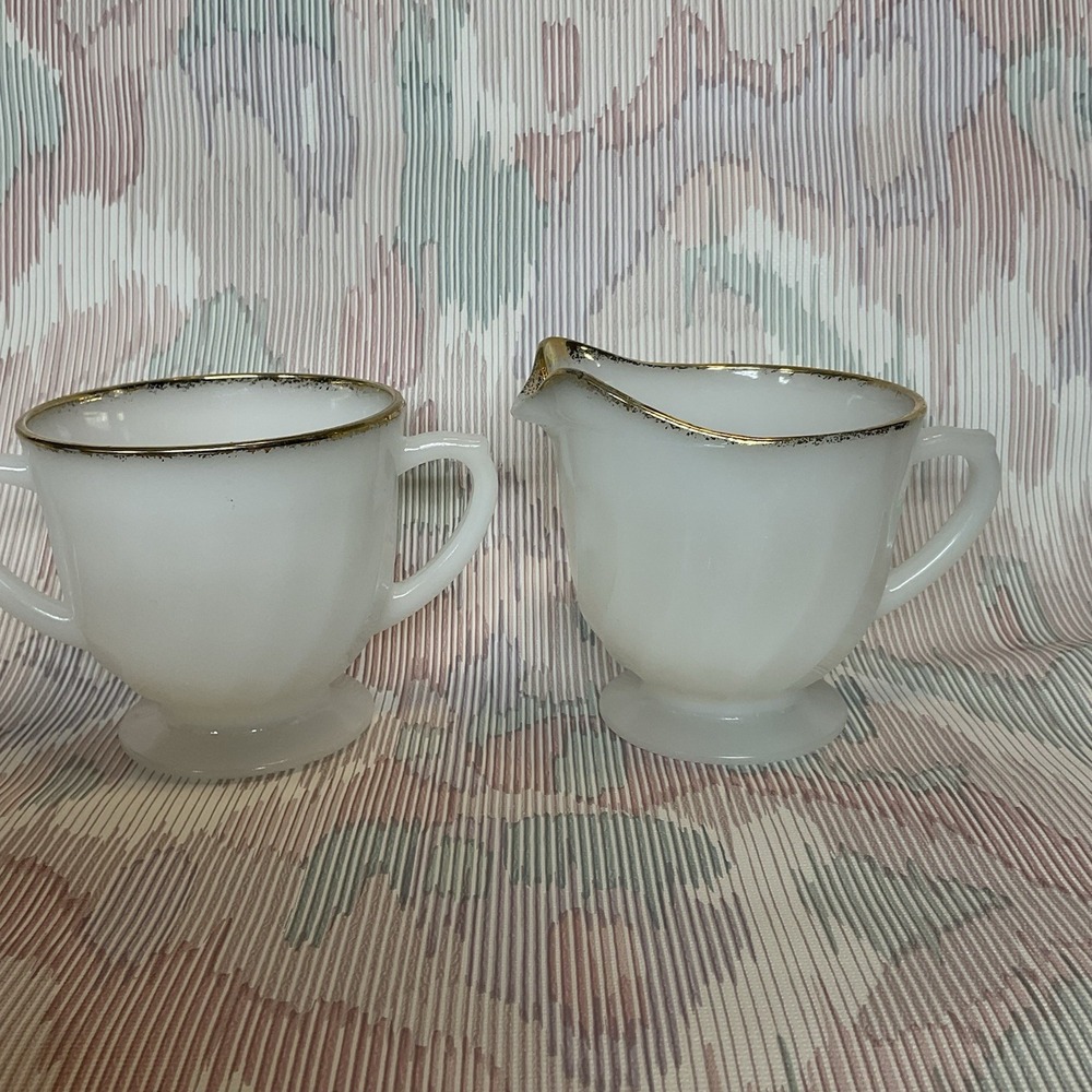 Vintage Anchor Hocking Fire King Milk Glass Gold Trim Creamer and Sugar Cup Set